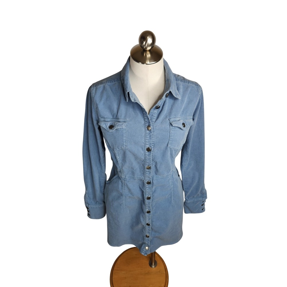 Free People Dynomite‎ Mini Cord Corduroy Dress Blue Long Sleeve Snaps Small